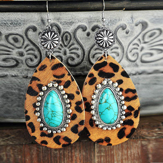 Pine stone water drop leopard print leather earrings