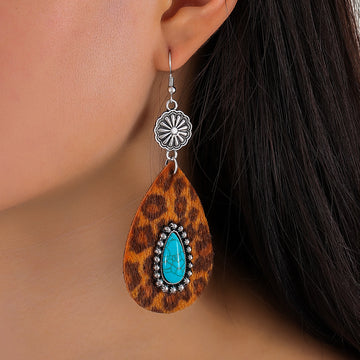 Pine stone water drop leopard print leather earrings