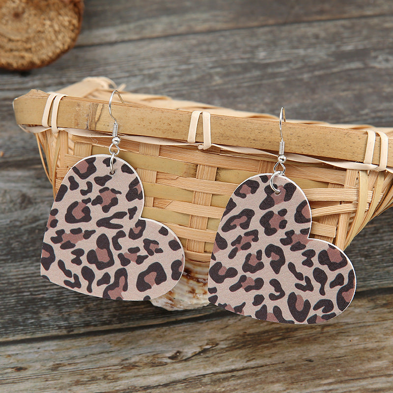 Love leather earrings creative heart-shaped double-sided Leopard pu earrings