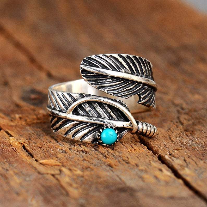 Turquoise Ring Fashion Distressed Feather Ring