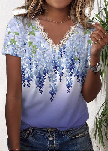 Printed V-neck Lace Hem Short Sleeve T-shirt