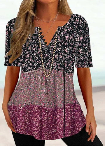 V-Neck Floral Button T-Shirt