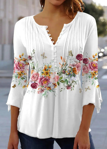 Floral Printed V-neck Short Sleeve Pleated Button-Up T-Shirt