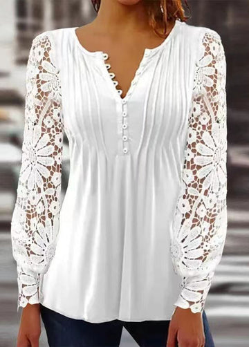 Lace Trim Pleated Solid Color Long Sleeve Button-Up T-Shirt