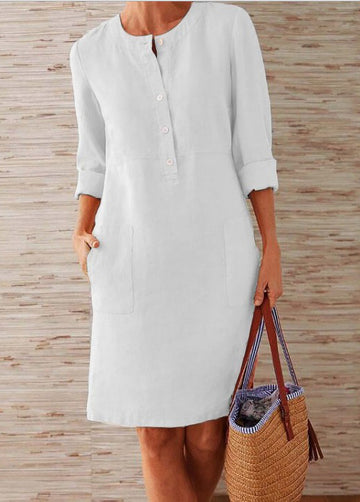 Cotton And Linen Round Neck Long-Sleeved Dress