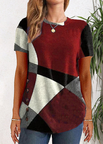 Round Neck Color Block Printed Short Sleeve T-shirt