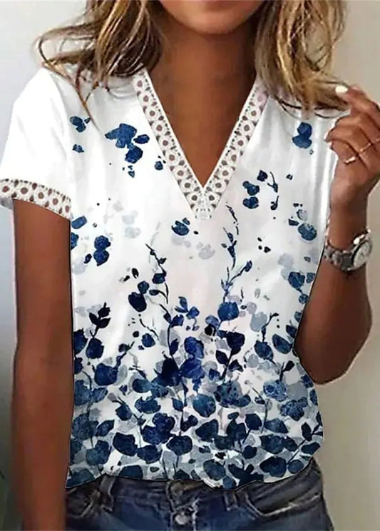 V-neck Lace Printed Sleeve Hem Lace Trimmed Short-sleeved T-shirt