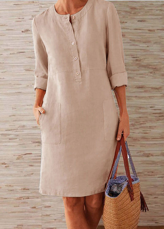 Cotton And Linen Round Neck Long-Sleeved Dress