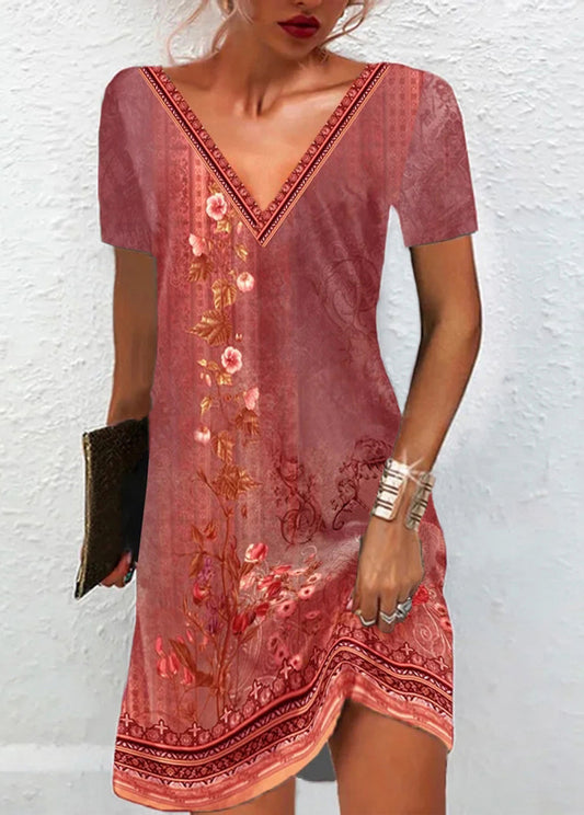 Ethnic Print Casual V-neck Short Sleeve Dress