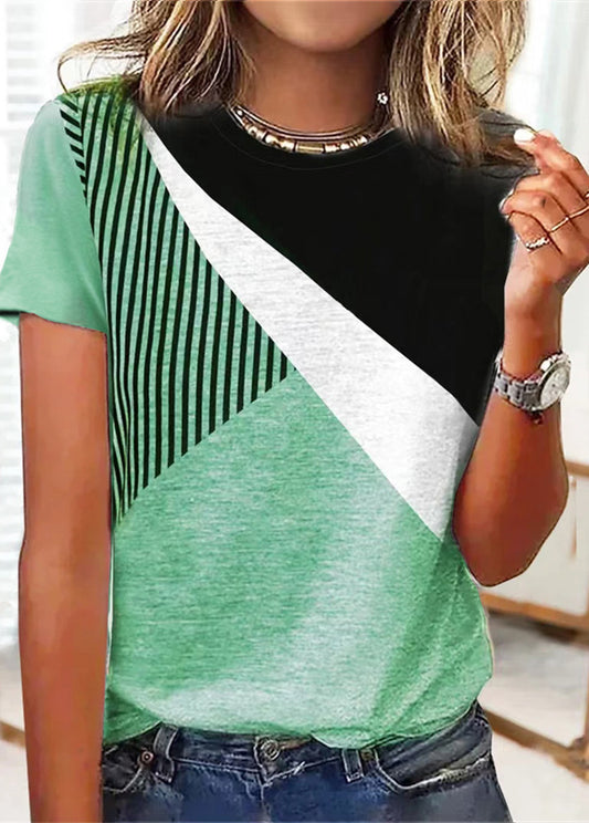 Color Block Striped Printed Short Sleeve Round Neck Casual T-Shirt