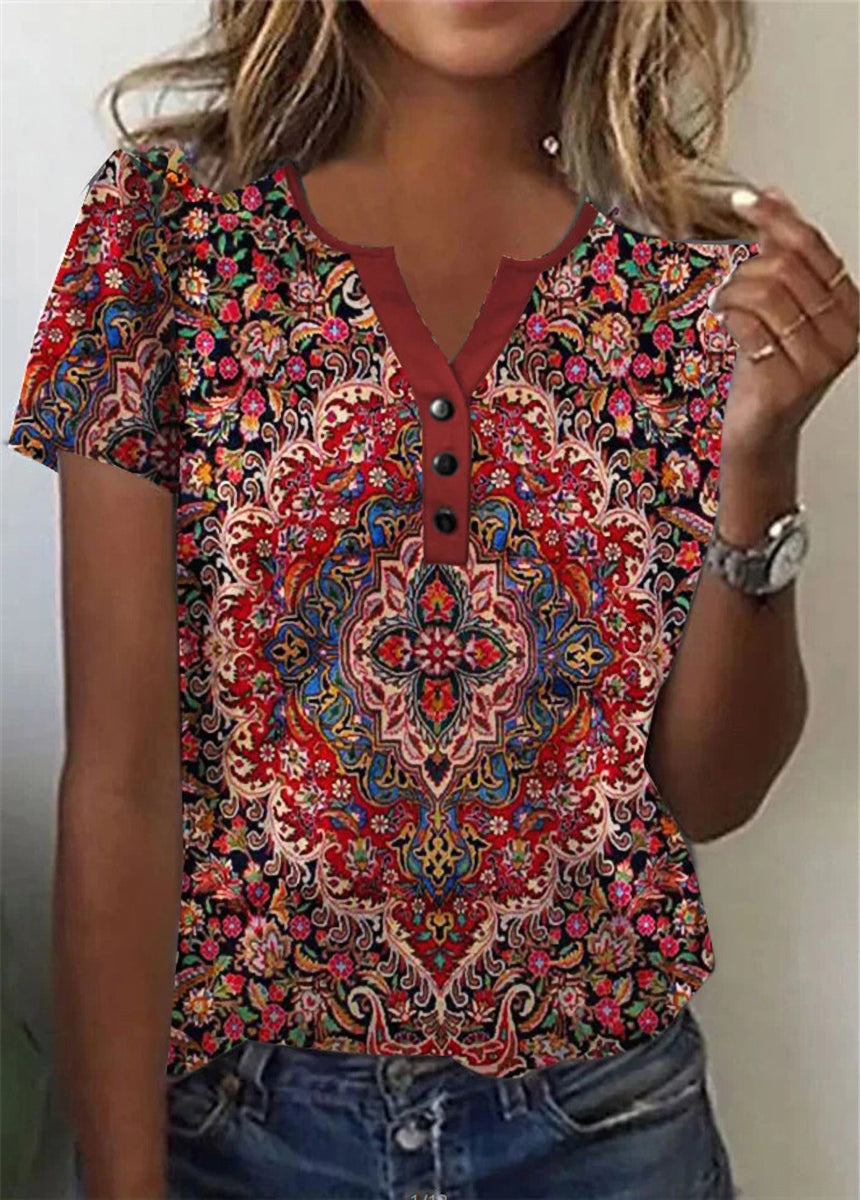 Button-Up V-Neck Printed Short-Sleeved T-Shirt