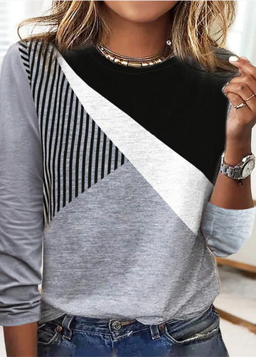 Color Block Striped Printed Long Sleeve Round Neck Casual T-Shirt