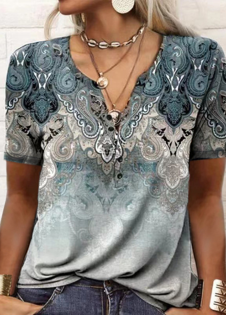 Printed Ethnic Style V-neck Short Sleeve T-shirt