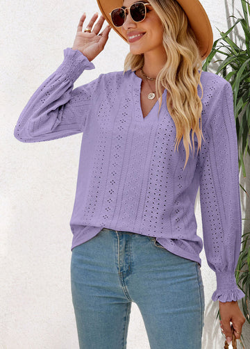 Solid Color Hollow Pleated Ruffle Sleeve V-Neck Loose Long Sleeve Top