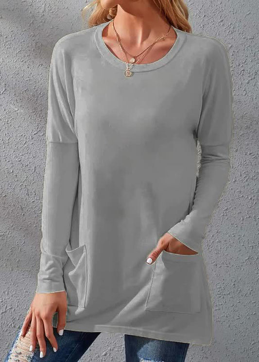 Solid Color Long Sleeve Loose Fit Round Neck Pocket T-shirt