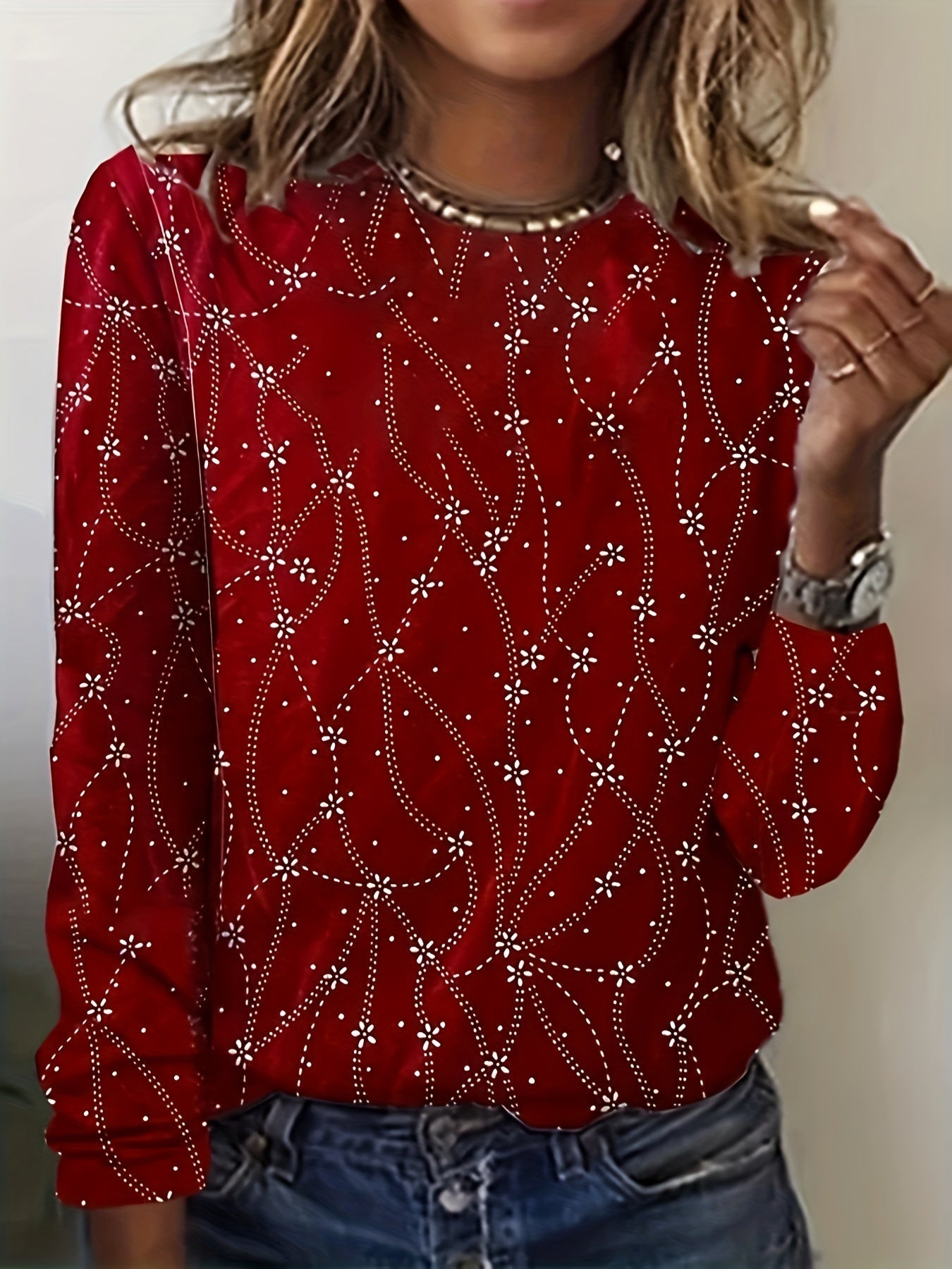 Floral Print Crew Neck T-Shirt, Casual Long Sleeve Top