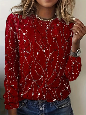 Floral Print Crew Neck T-Shirt, Casual Long Sleeve Top